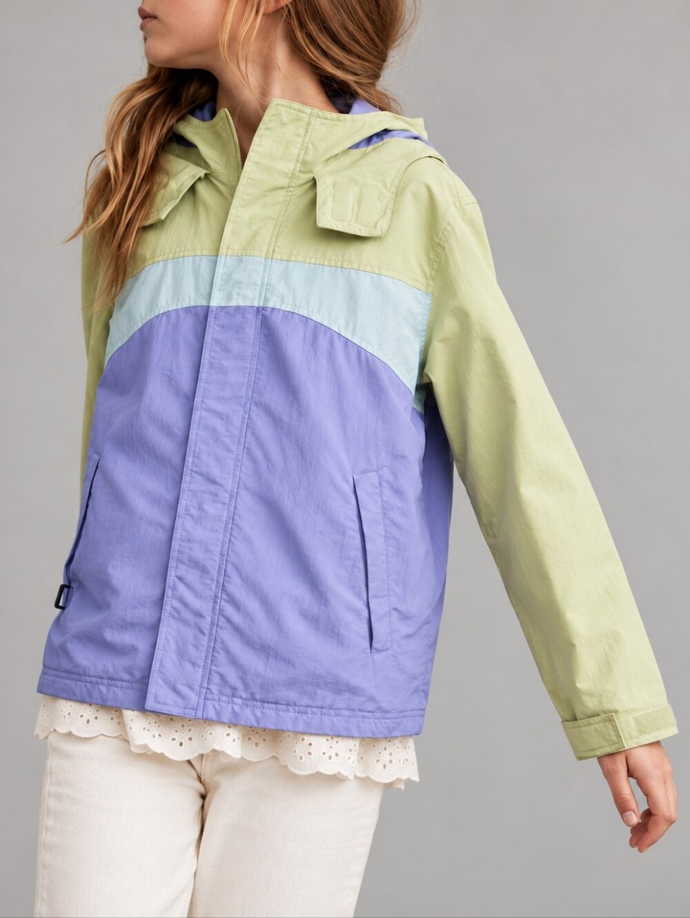 Vintage L.L. Bean Purple Green Colorblock Hooded Rain Jacket Kids Size XL 18